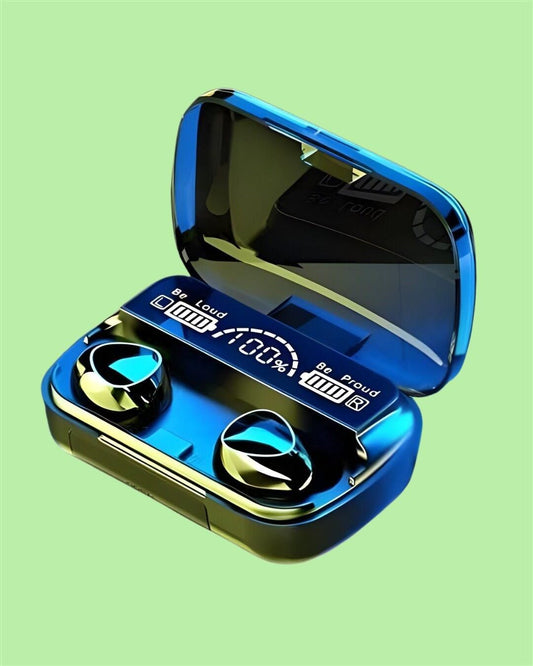Blue wireless earbuds in charging case on a green background